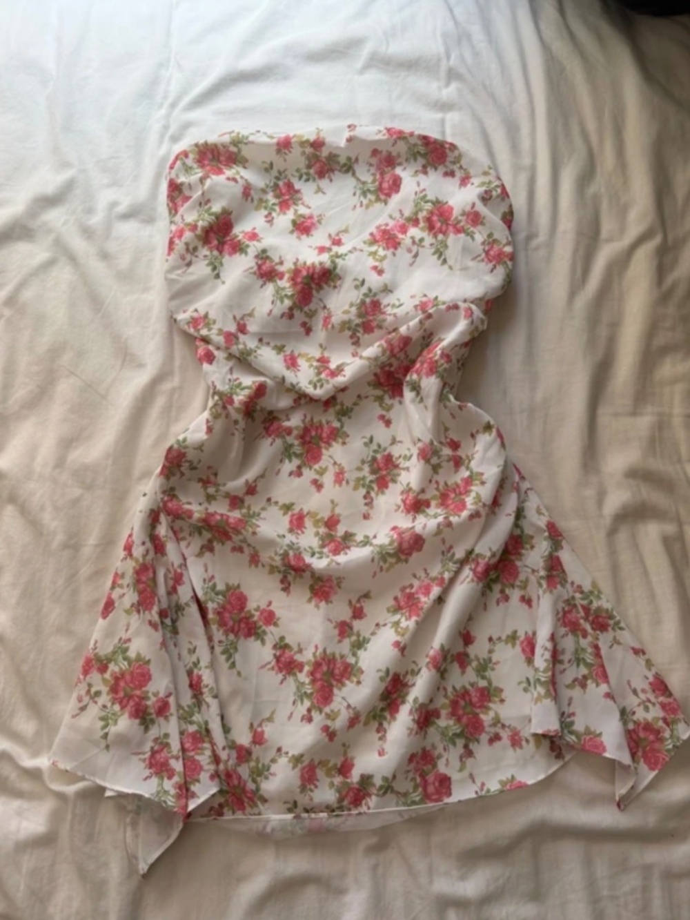 White & Pink Floral Strapless Mini Dress – Size Medium